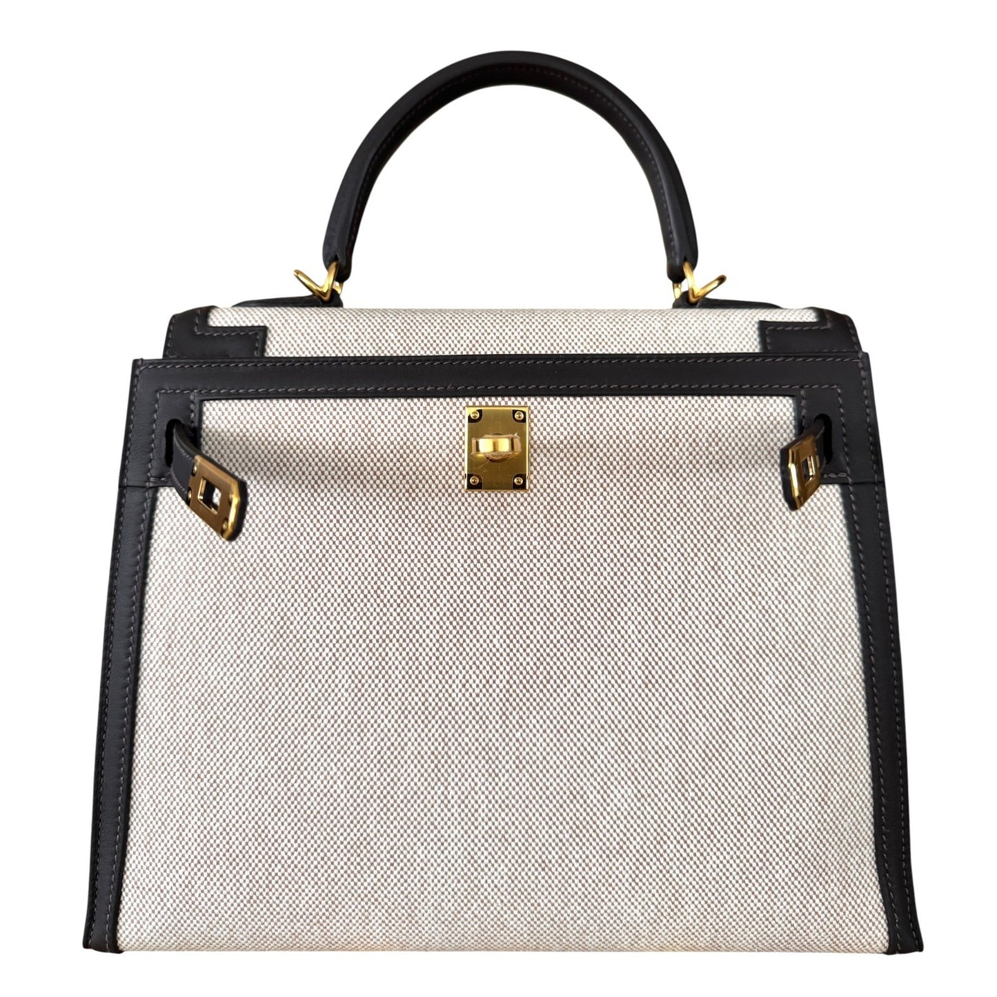 NEW Hermes Kelly 25 Bai Brun Brown Leather Toile Ecru Beige Toile Gold Hardware