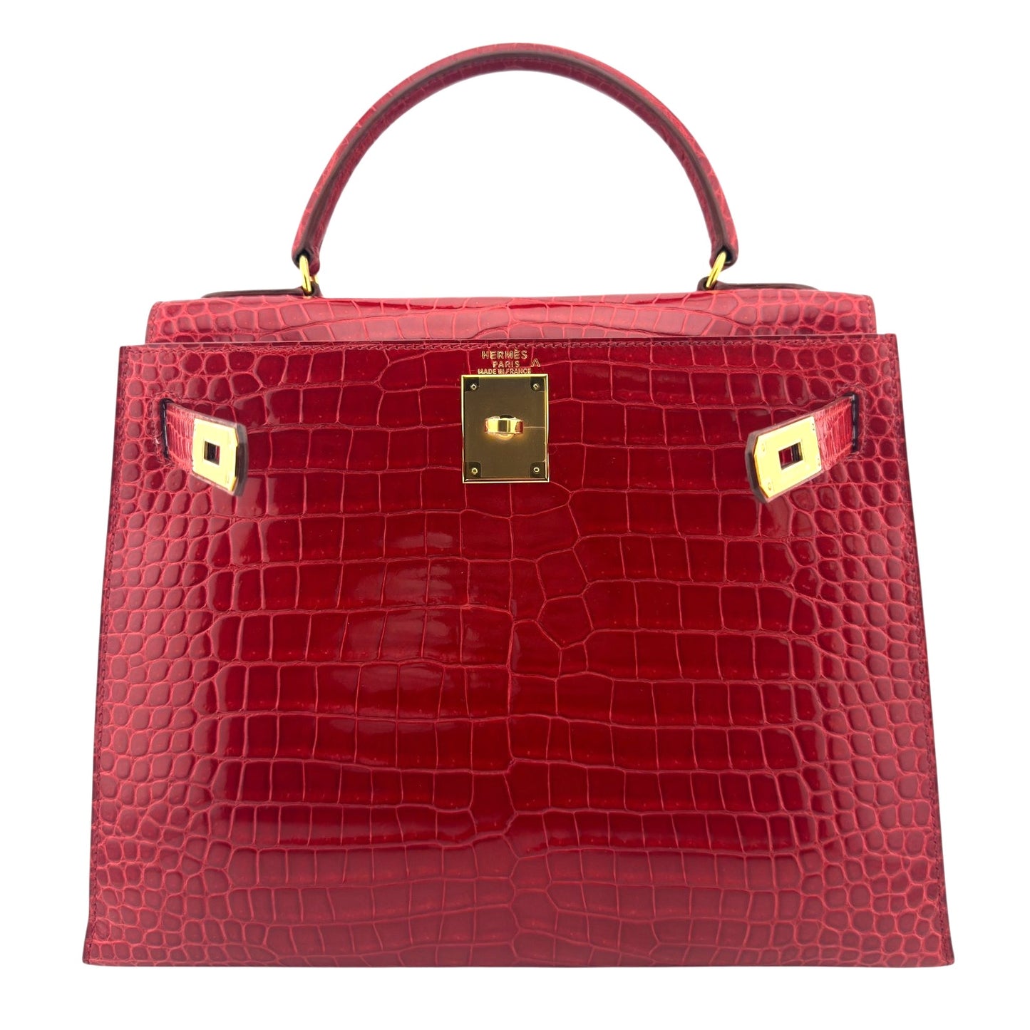 Hermes Kelly 28 Sellier Braise Red Porosus Crocodile Leather Gold Hardware