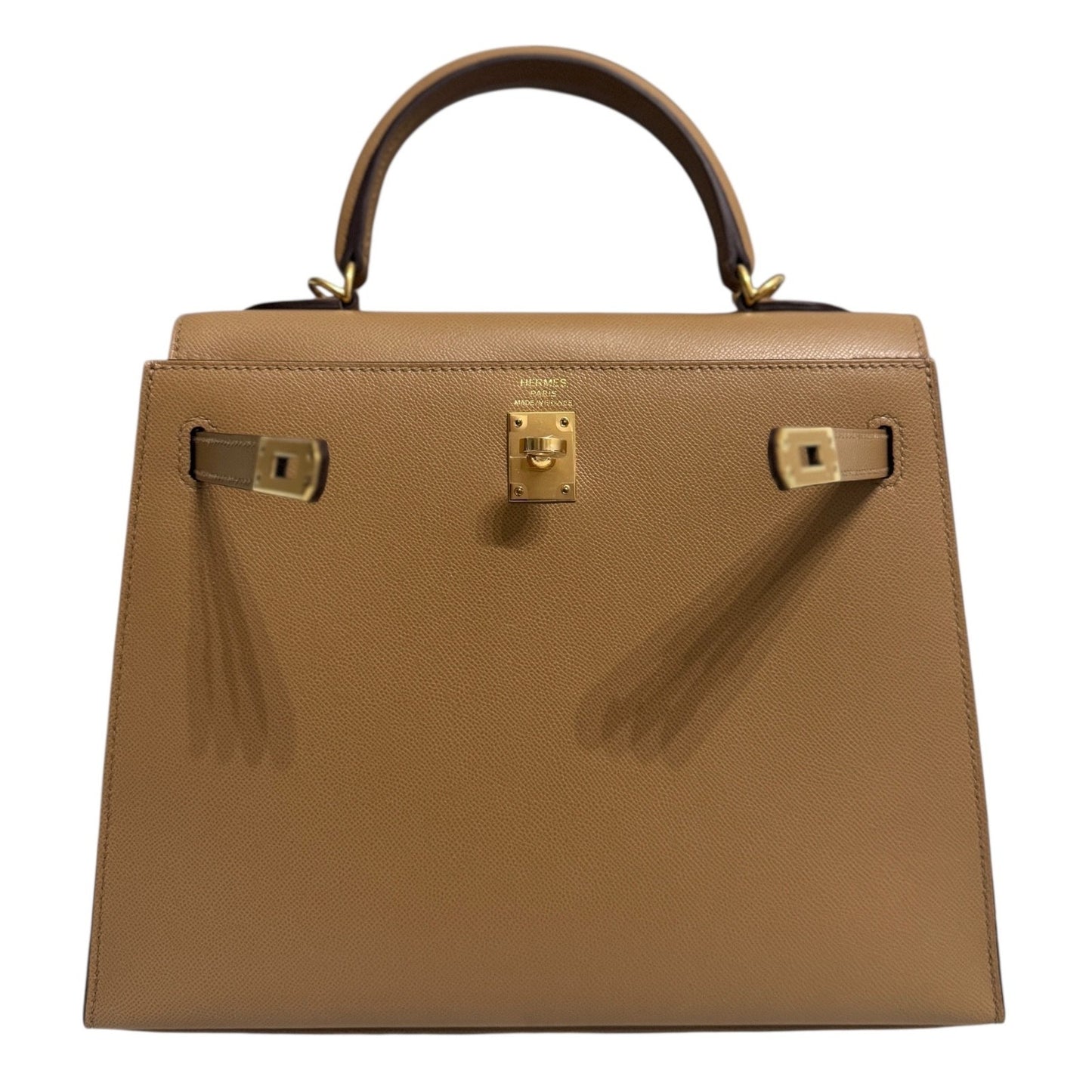 Hermes Kelly 25 Sellier Verso Biscuit & Mushroom Madame Leather Gold Hardware