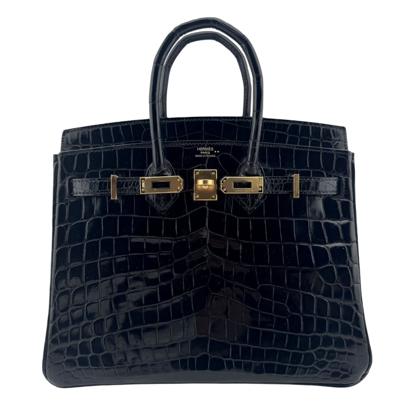 Hermes Birkin 25 Black Noir Niloticus Crocodile Leather Gold Hardware