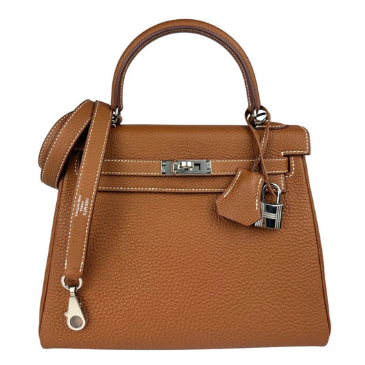 HERMES KELLY 25 GOLD TAN TOGO LEATHER PALLADIUM HARDWARE RARE