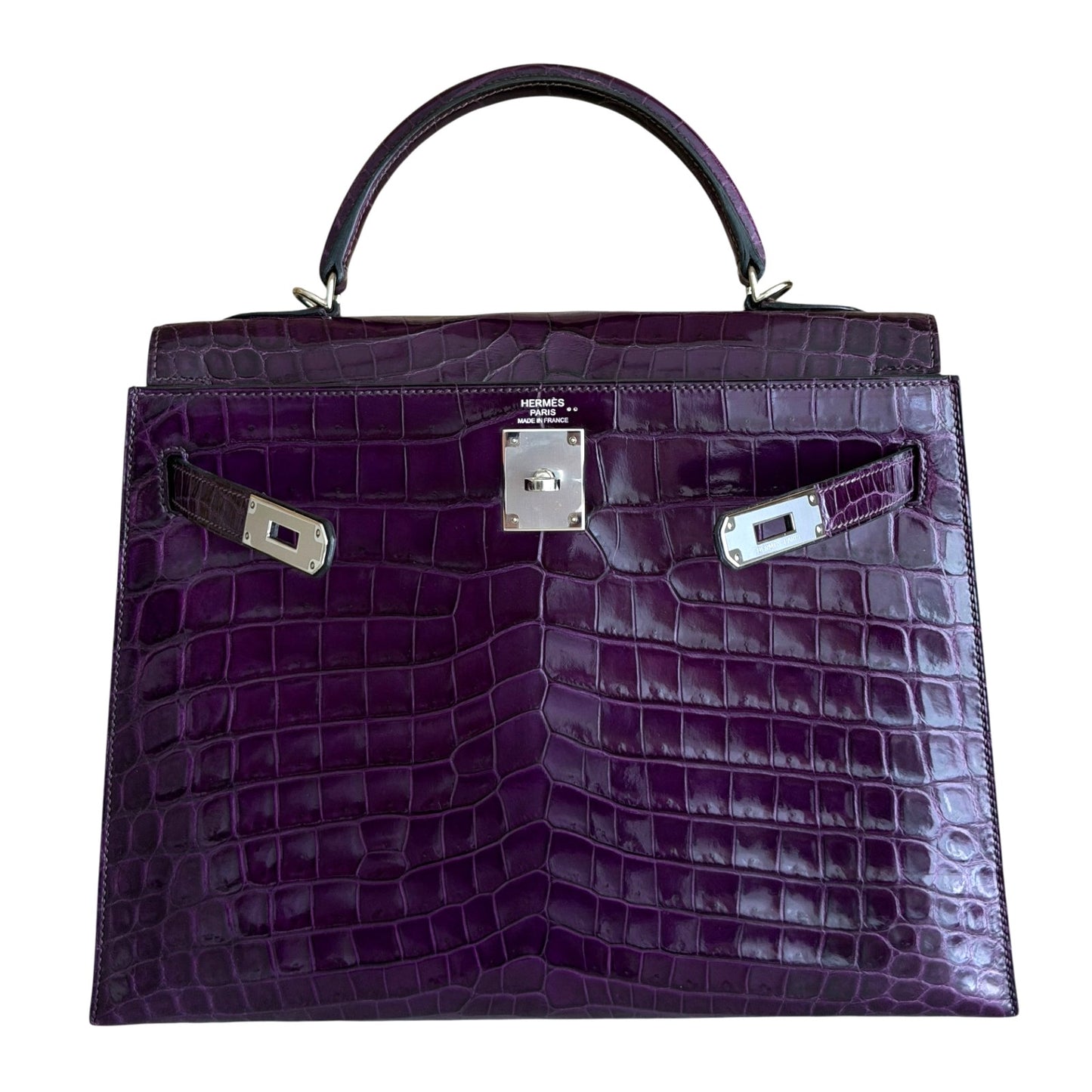 Hermes Kelly 32 Shiny Crocodile Amethyst Purple Palladium Hardware