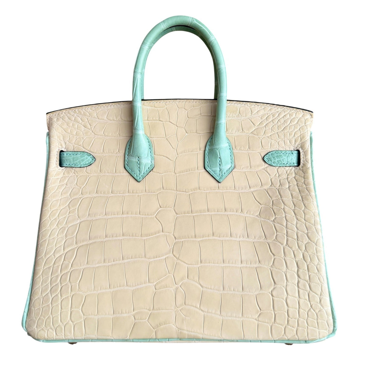 Hermes Birkin 25 Special Order Matte Alligator Vanille & Vert D'eau Brushed Gold