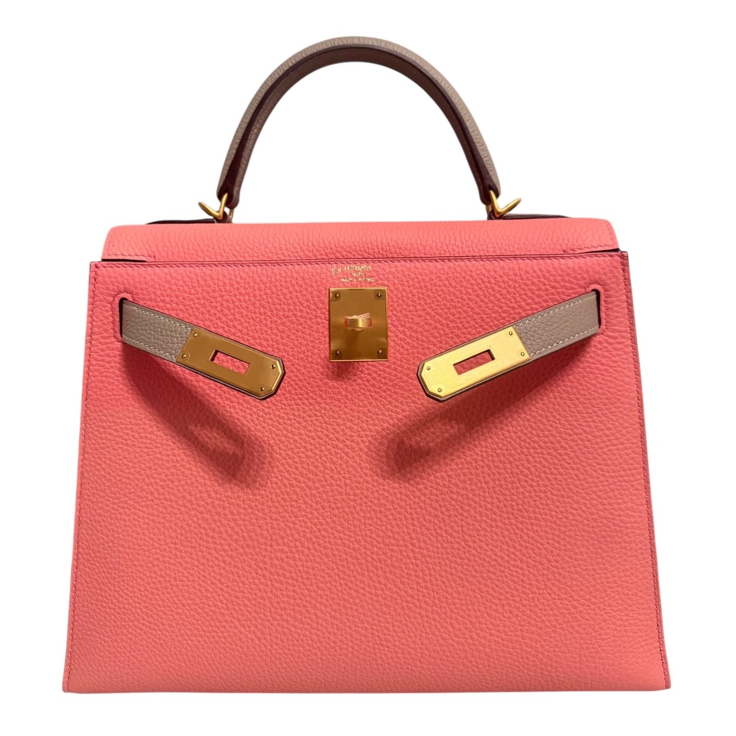 Hermes Kelly 28 Sellier Special Order Pink Rose Lipstick Gris Tourterelle Togo Leather Brushed Gold Hardware