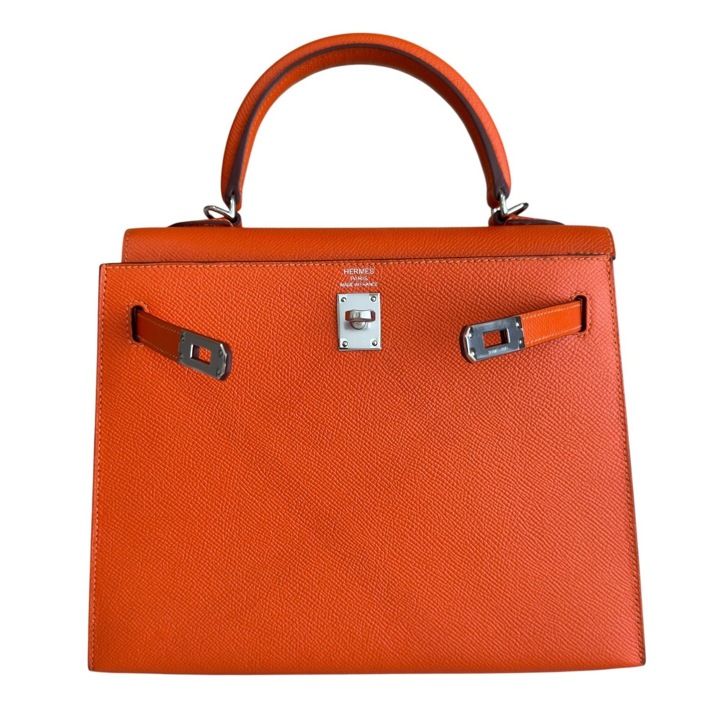 Hermes Kelly 25 Sellier Feu Orange Epsom Leather Palladium Hardware RARE