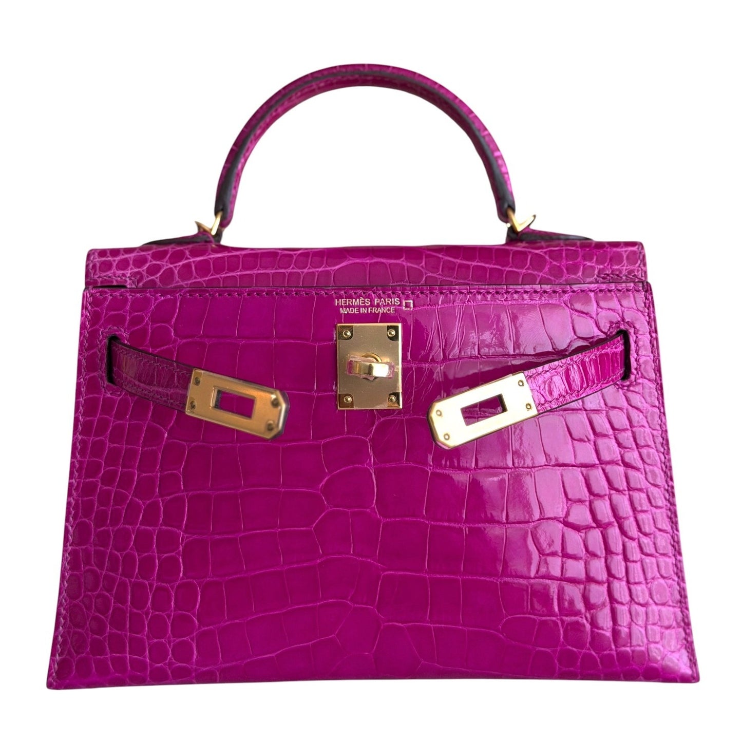 Hermes Kelly Mini 20 Shinny Alligator Leather Rose Scheherazade Gold Hardware