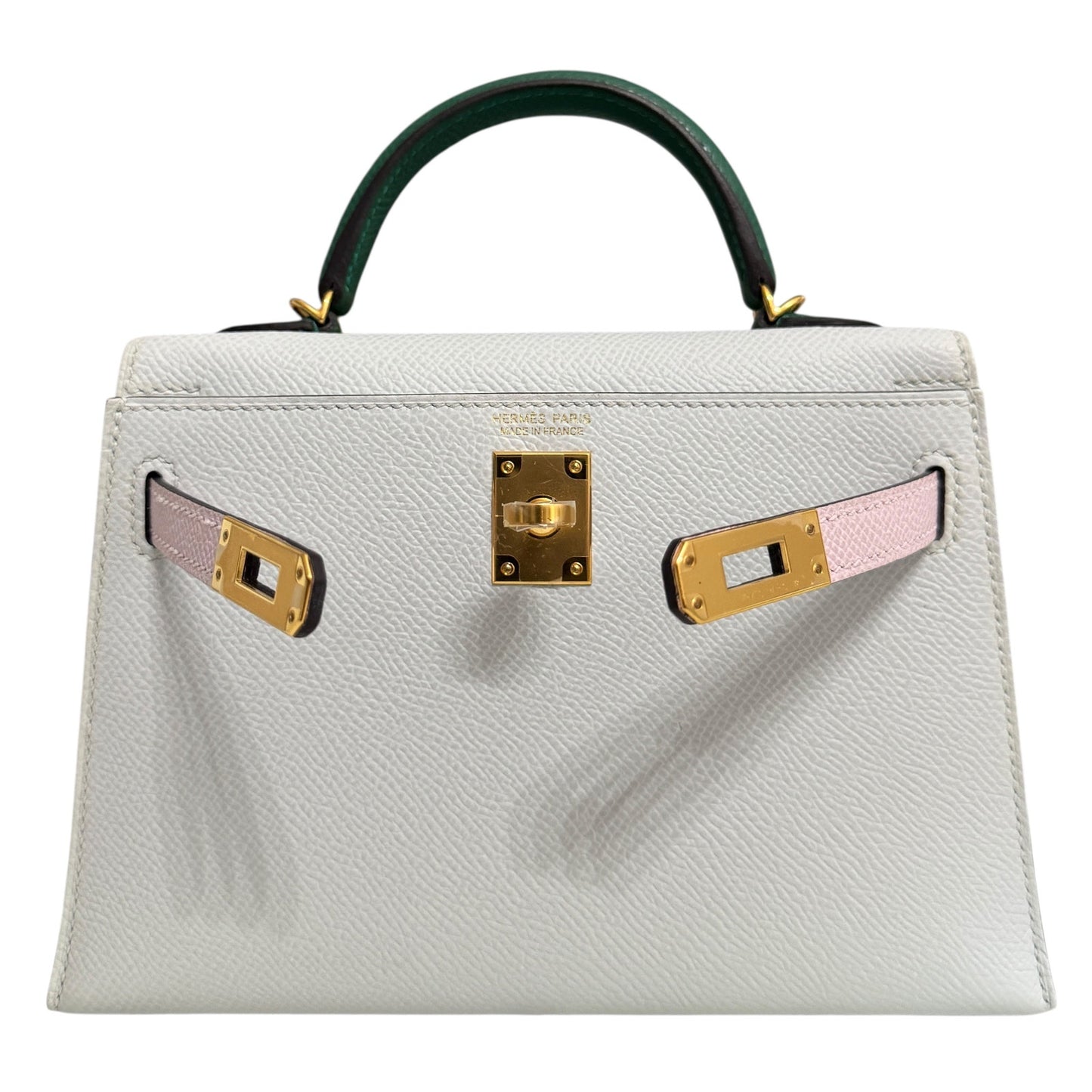 Hermes Mini Kelly Tri Color Gris Platine Mauve Pale and Vert Moyen Epsom Gold Hardware
