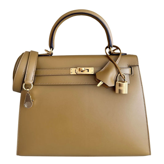 Hermes Kelly 25 Sellier Poussiere Tan Tadelakt Leather Gold Hardware RARE