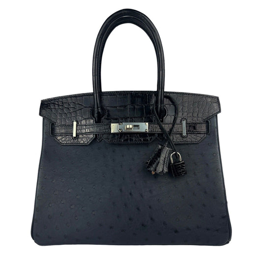 Hermes Birkin 30 Touch Blue Indigo Ostrich Black Crocodile Palladium Hardware