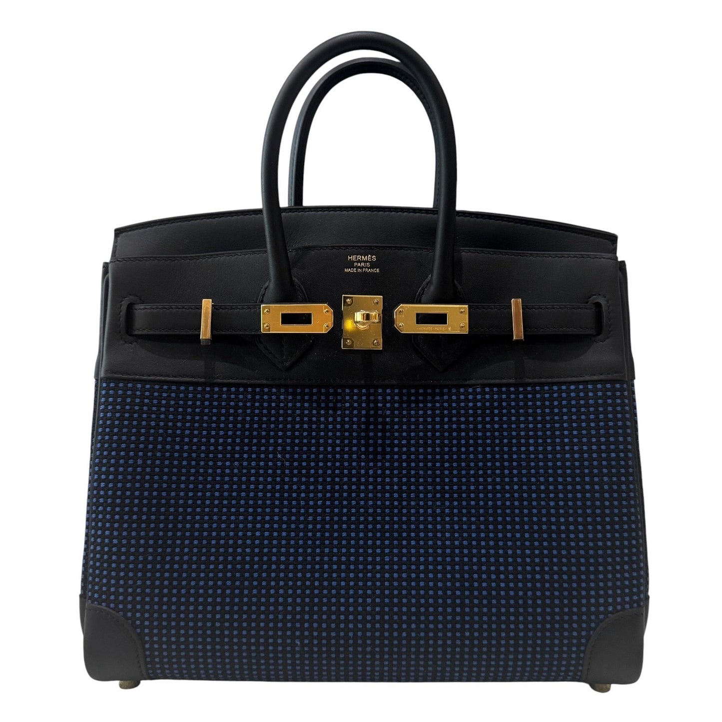 Hermes Birkin 25 Quadrille Black Noir Leather Blue Egee Toile Gold Hardware RARE