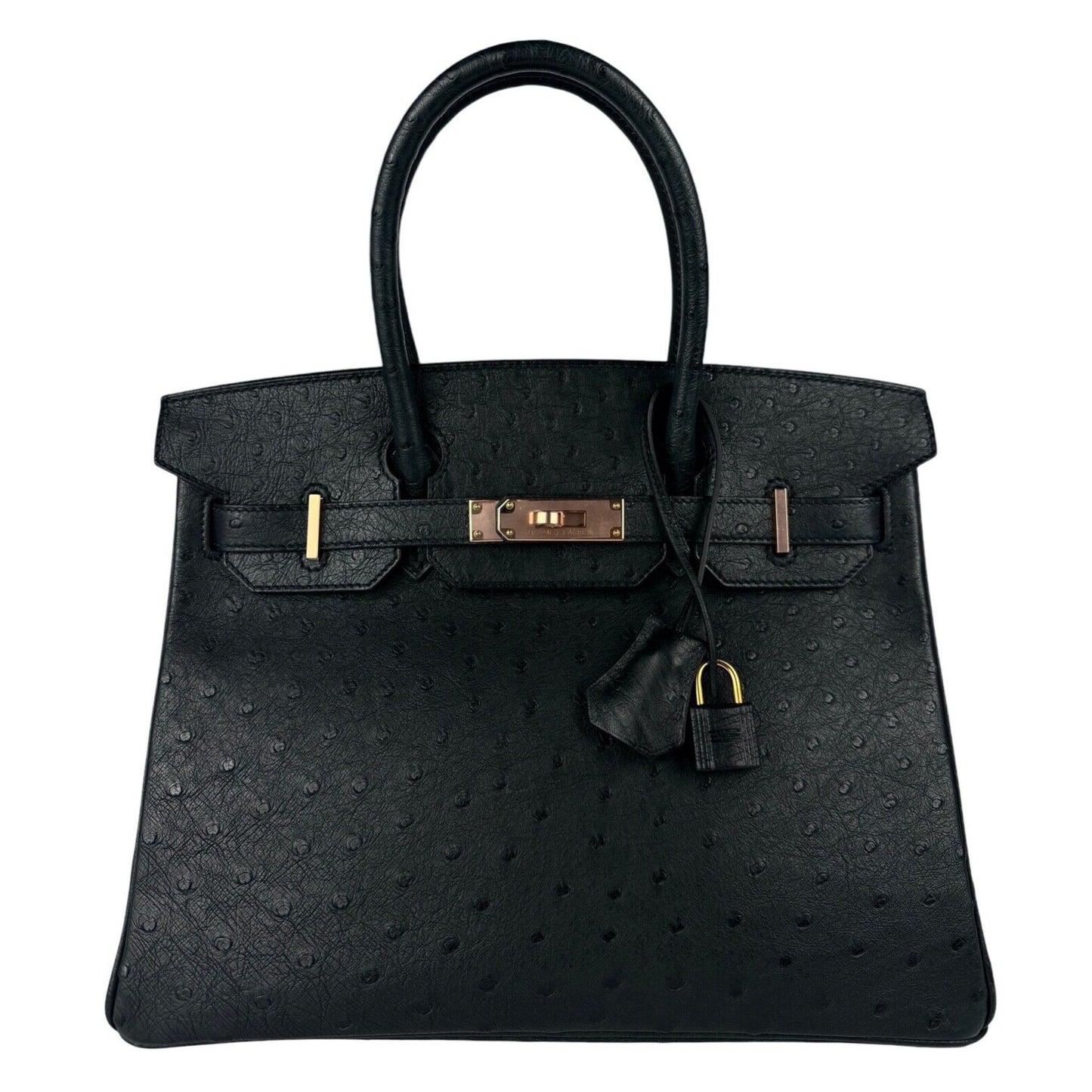 Hermes Birkin 30 Ostrich Black Noir Rose Gold Hardware RARE