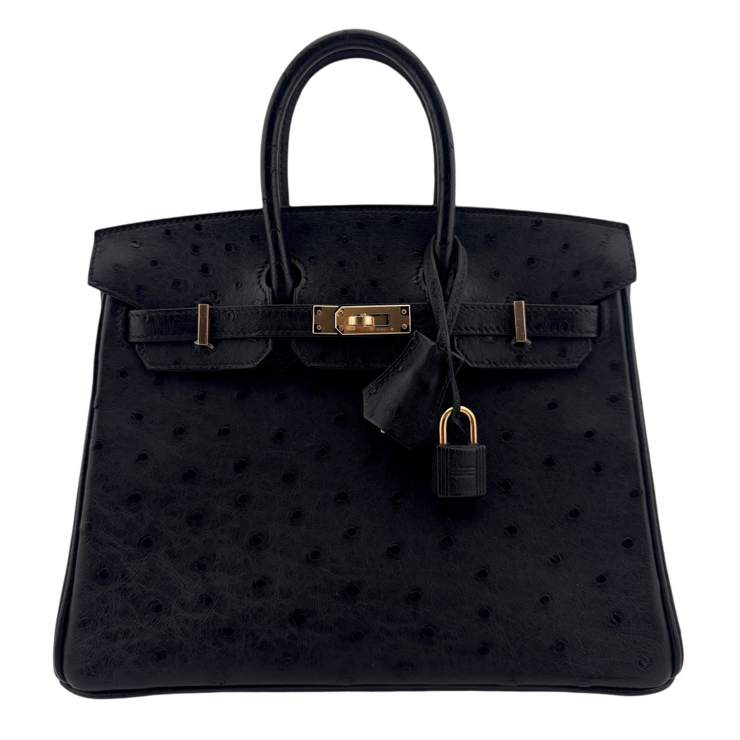 Hermes Birkin 25 Black Noir Ostrich Leather Rose Gold Hardware Handbag