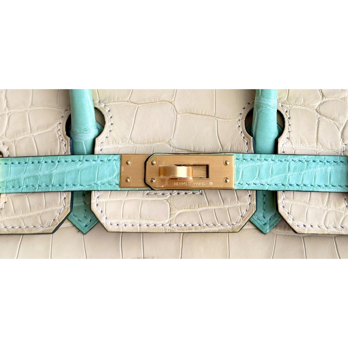 Hermes Birkin 25 Special Order Matte Alligator Vanille & Vert D'eau Brushed Gold