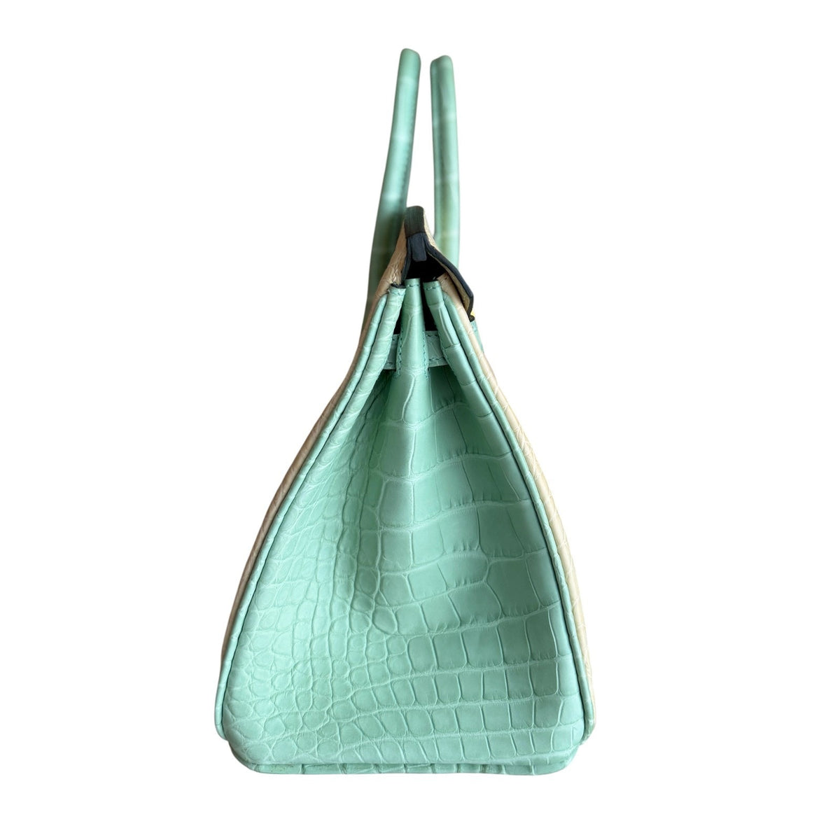 Hermes Birkin 25 Special Order Matte Alligator Vanille & Vert D'eau Brushed Gold