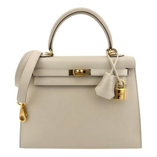 Hermes Kelly 25 Sellier Craie Cream White Epsom Leather Gold Hardware