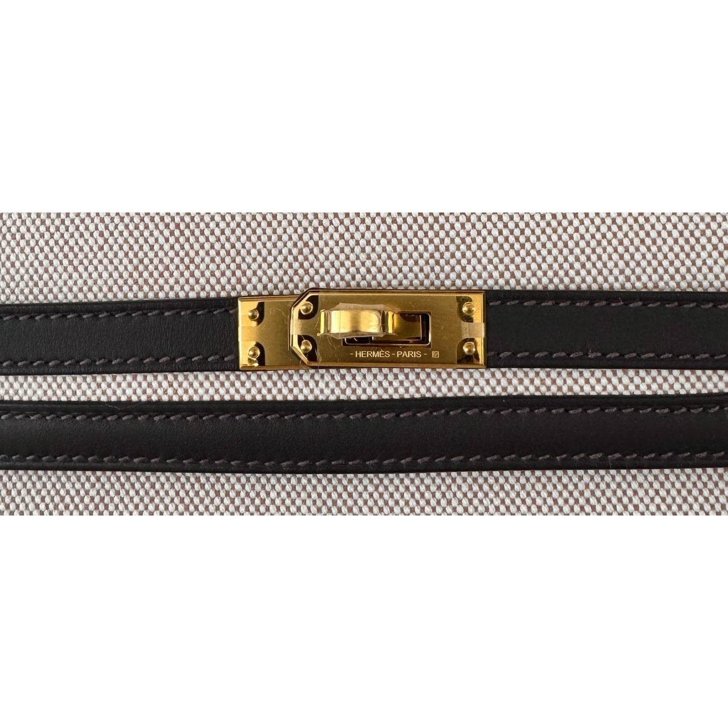 NEW Hermes Kelly 25 Bai Brun Brown Leather Toile Ecru Beige Toile Gold Hardware