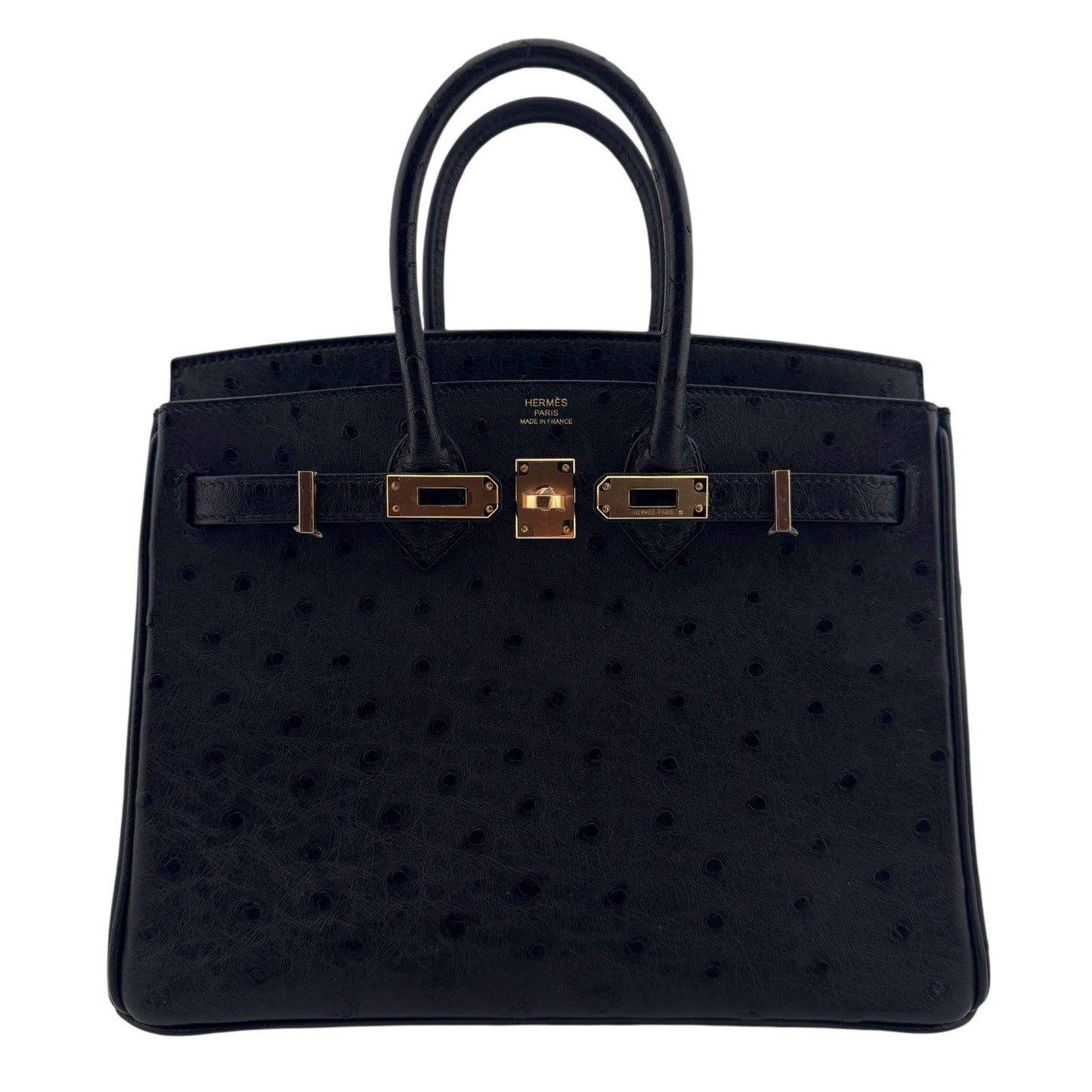 Hermes Birkin 25 Black Noir Ostrich Leather Rose Gold Hardware Handbag
