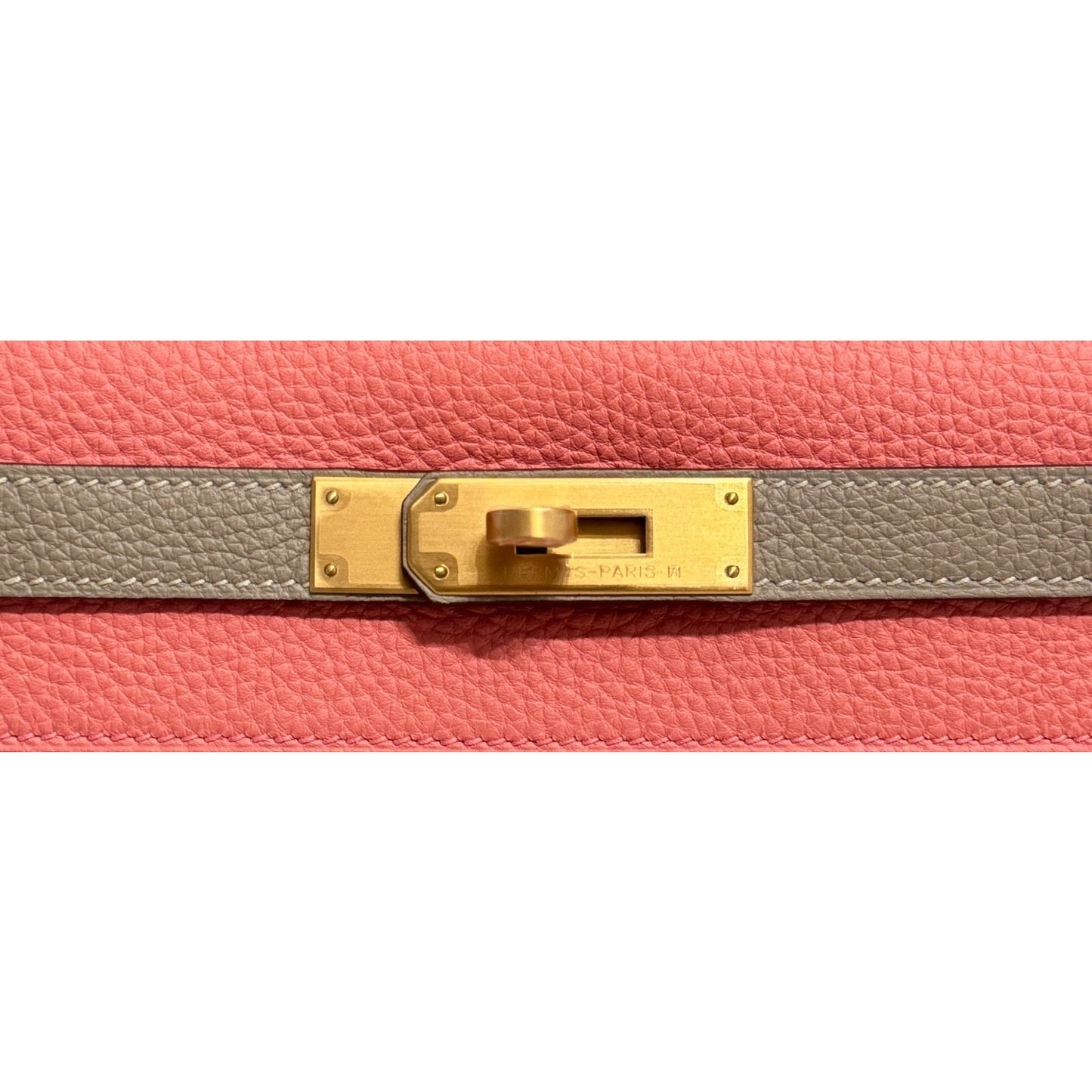 Hermes Kelly 28 Sellier Special Order Pink Rose Lipstick Gris Tourterelle Togo Leather Brushed Gold Hardware