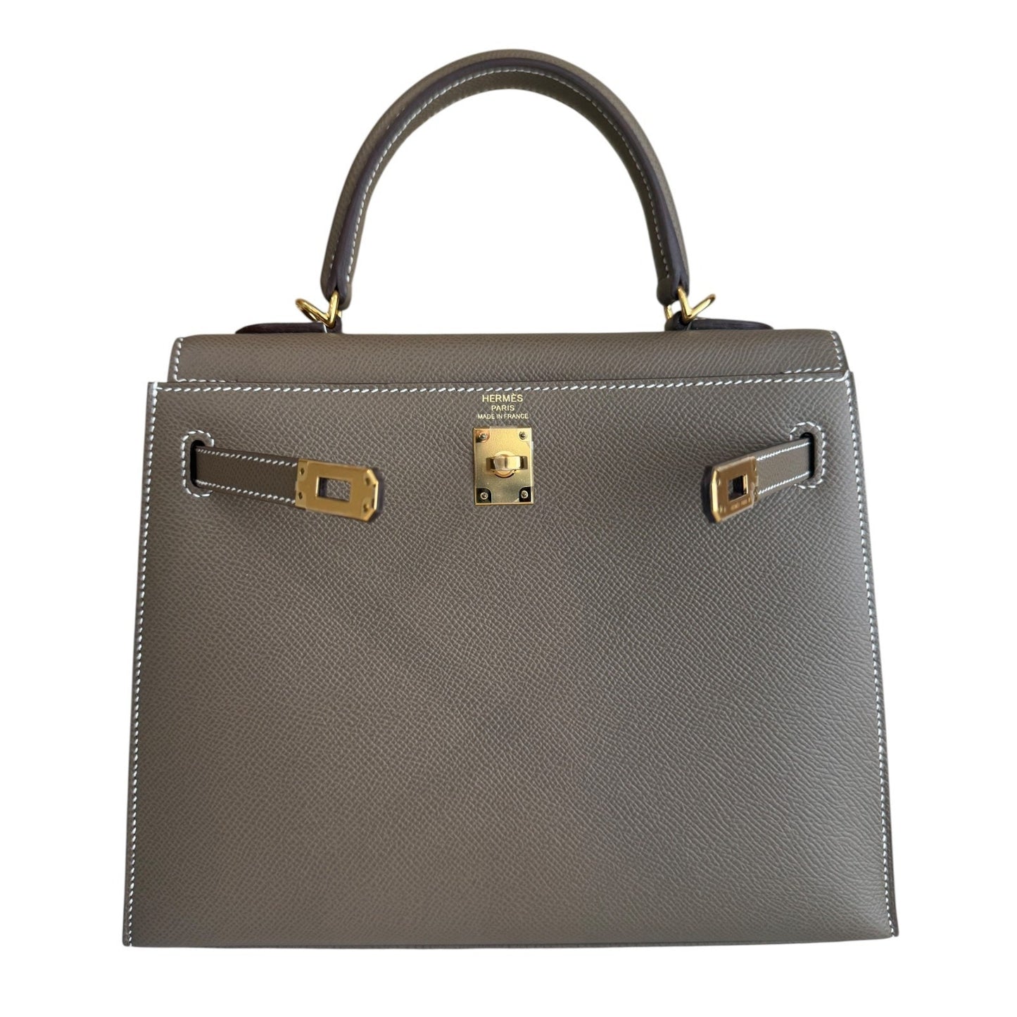 Hermes Kelly 25 Sellier Etoupe Gray Epsom Leather Gold Hardware