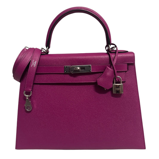 Hermes Kelly 28 Sellier Rose Pourpre Pink Purple Epsom Leather Palladium