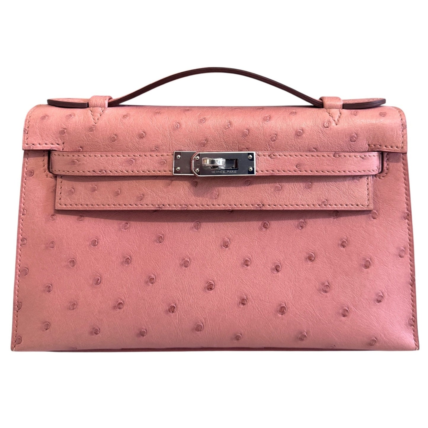 Hermes Kelly Pochette Terre Cuite Pink Ostrich Leather Palladium Hardware