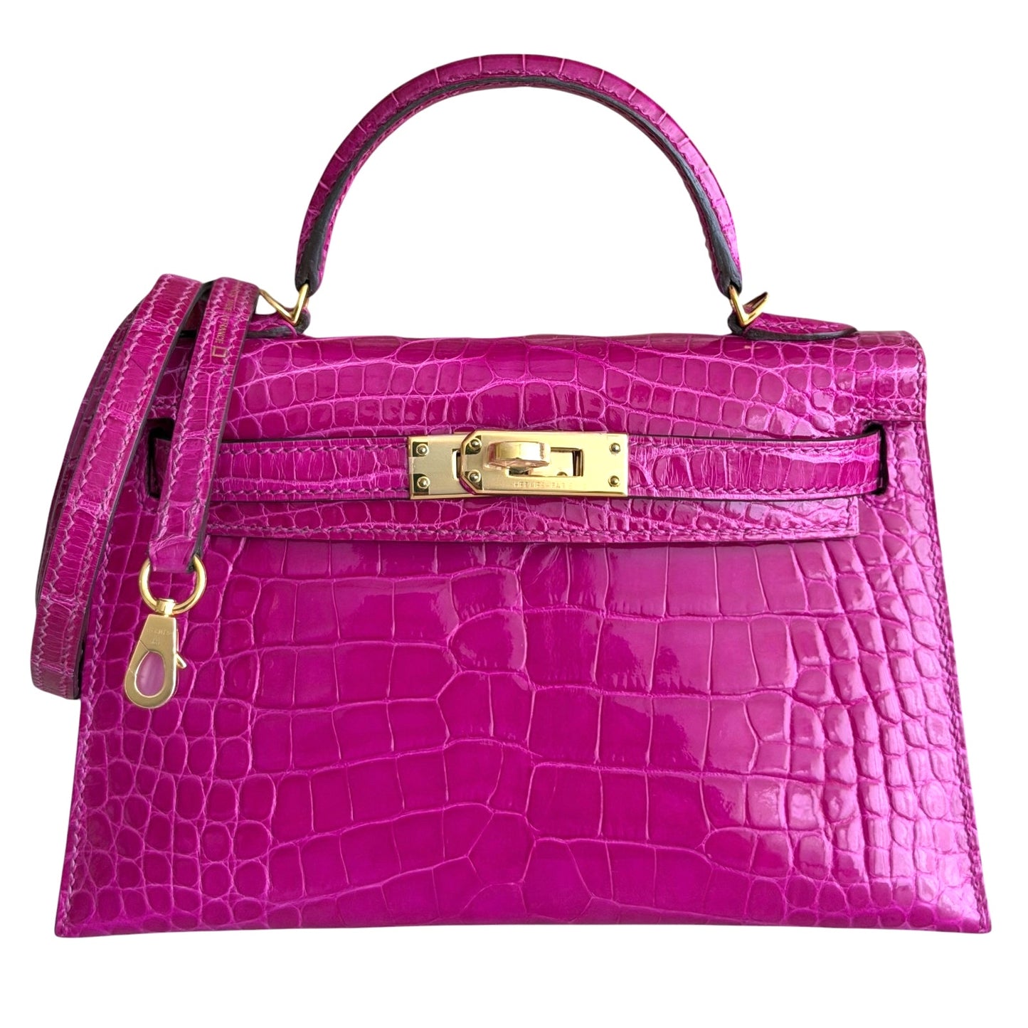 Hermes Kelly Mini 20 Shinny Alligator Leather Rose Scheherazade Gold Hardware