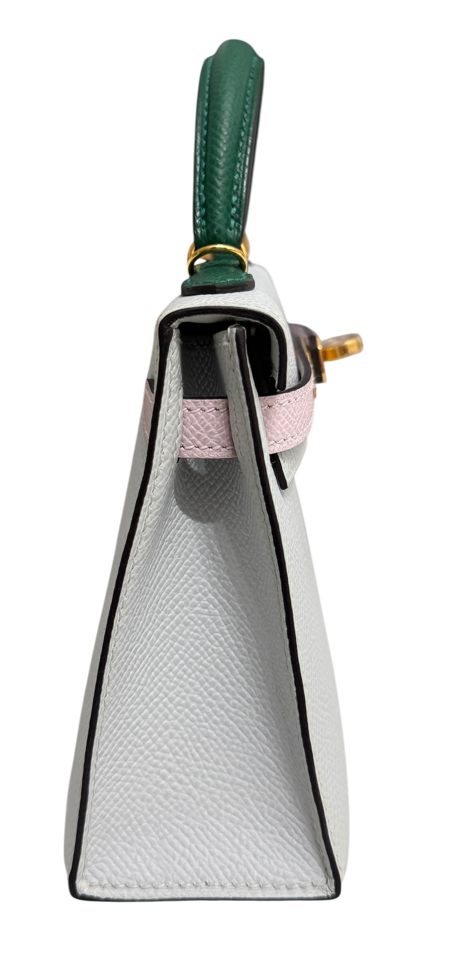 Hermes Mini Kelly Tri Color Gris Patine Mauve Pale and Vert Moyen Epsom Gold Hardware