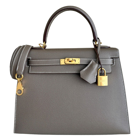 Hermes Kelly 25 Sellier Etoupe Gray Epsom Leather Gold Hardware