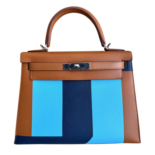 Hermes Kelly 28 Sellier Limited Kellygraphie Gold, Blue Celeste, Indigo Epsom