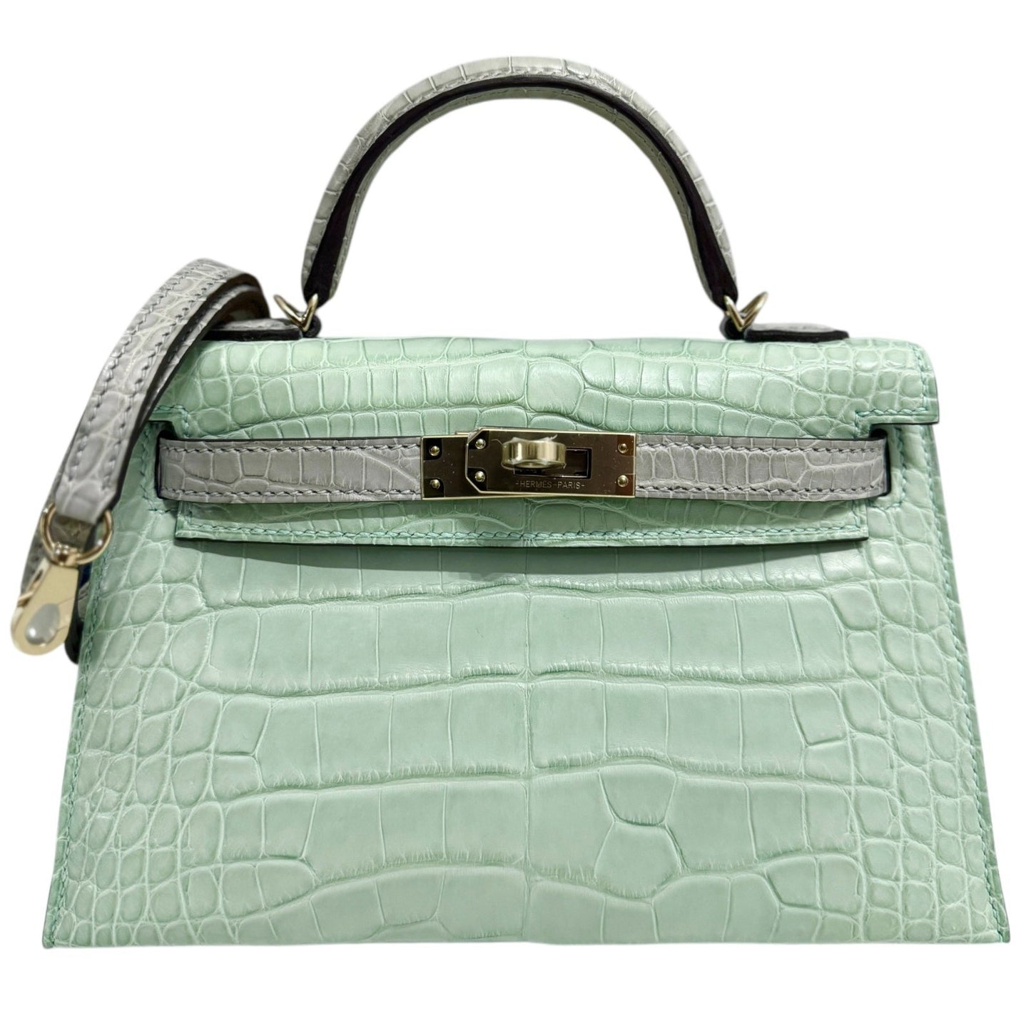 Hermes Kelly Mini 20 Special Order Matte Alligator Vert D'eau & Gris Perle Gray