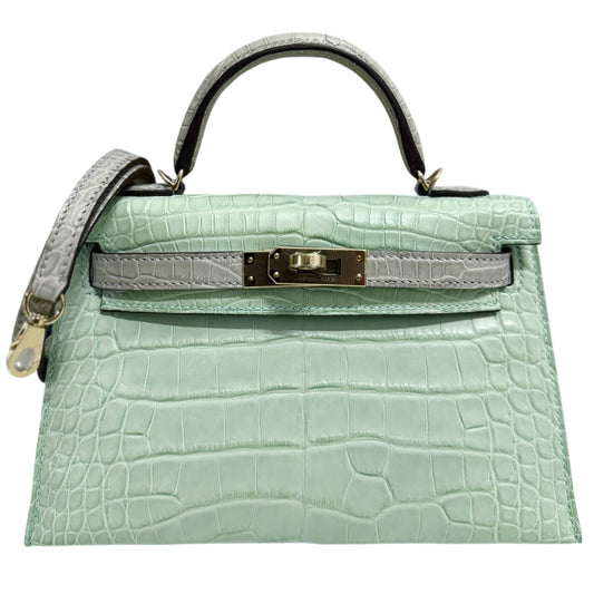 Hermes Kelly Mini 20 Special Order Matte Alligator Vert D'eau & Gris Perle Gray