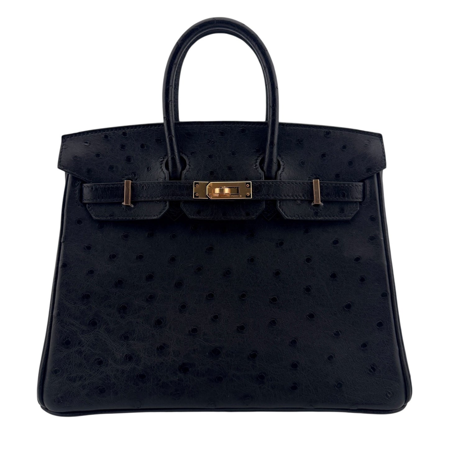 Hermes Birkin 25 Black Noir Ostrich Leather Rose Gold Hardware Handbag