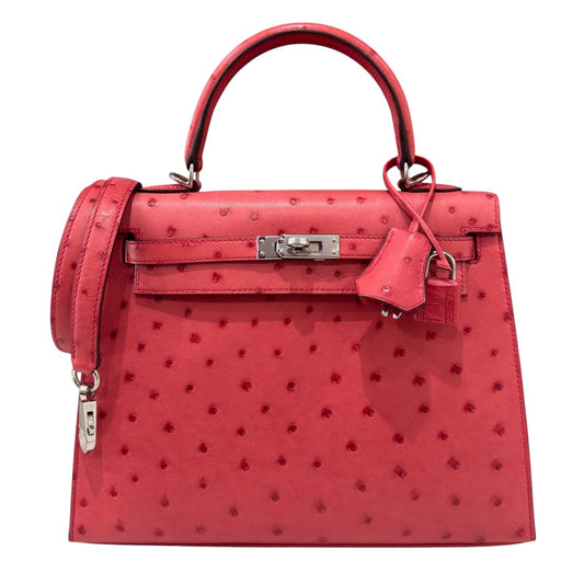 Hermes Kelly 25 Sellier Bougainvillea Pink Ostrich Leather Palladium Hardware