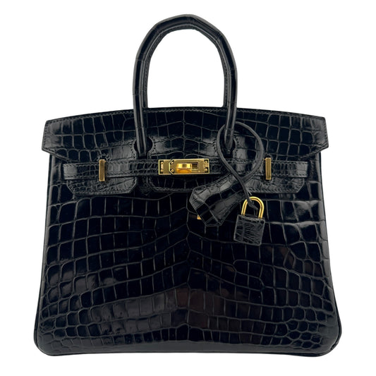 Hermes Birkin 25 Black Noir Niloticus Crocodile Leather Gold Hardware
