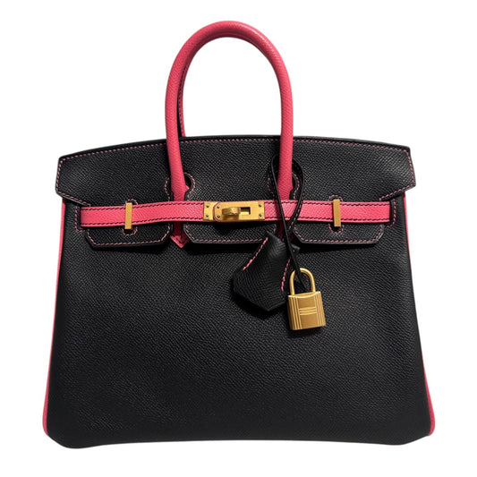 Hermes Birkin 25 Special Order Black & Rose Azalee Epsom Leather Brushed Gold