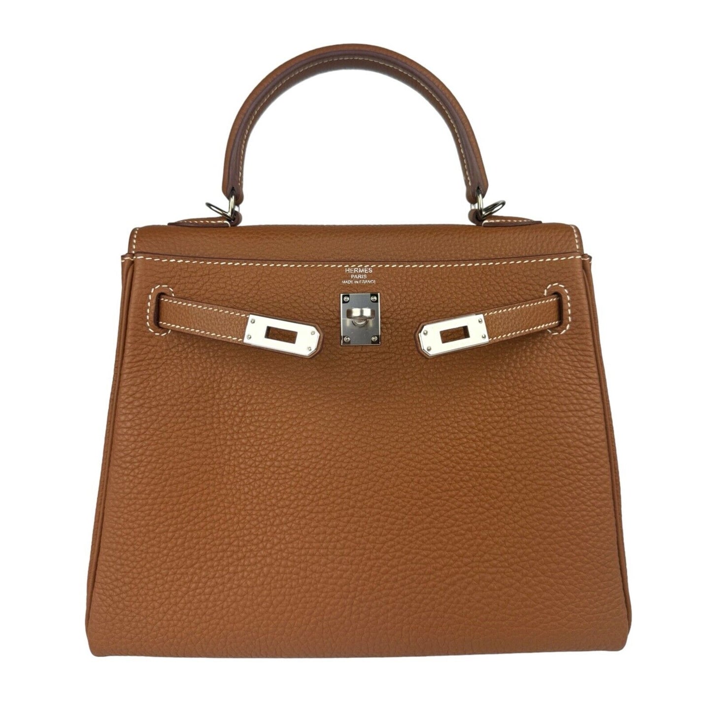 HERMES KELLY 25 GOLD TAN TOGO LEATHER PALLADIUM HARDWARE RARE