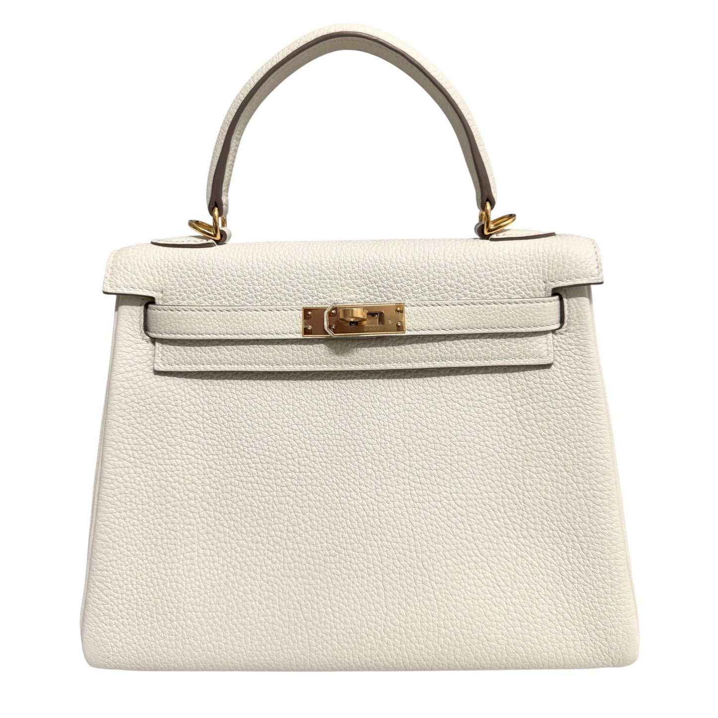 Hermes Kelly 25 Mushroom Gray White Togo Leather Gold Hardware