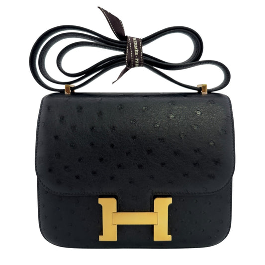 HERMES Constance 18 Mini Black Noir Ostrich Leather Gold Hardware RARE