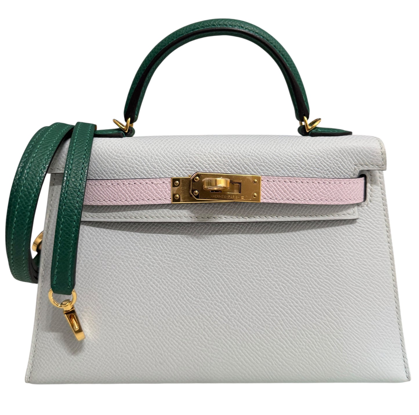 Hermes Mini Kelly Tri Color Gris Patine Mauve Pale and Vert Moyen Epsom Gold Hardware