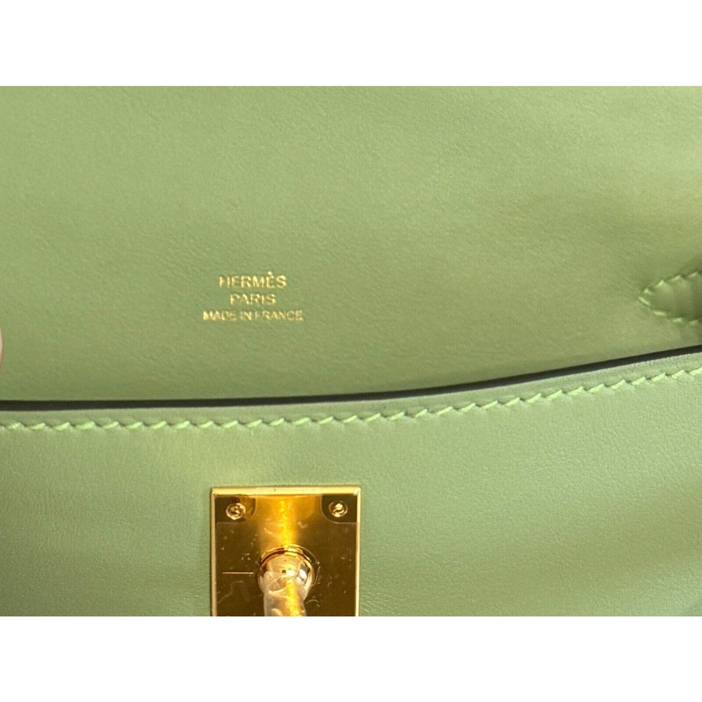 Brand New Hermes Kelly Pochette Vert Criquet Green Bag Palladium Hardware Clutch