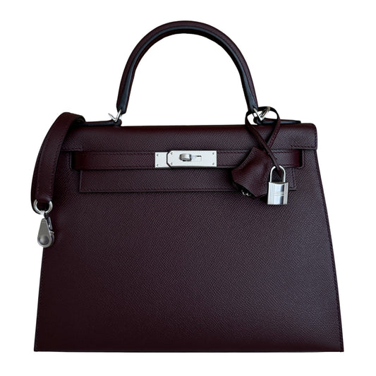 Hermes Kelly 28 Sellier Bourdeaux Red Epsom Leather Palladium Hardware RARE