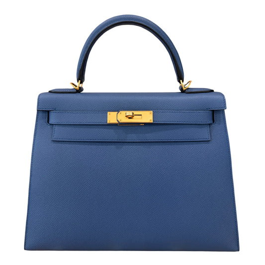 Hermes Kelly 28 Sellier Blue Bleu Agate Epsom Leather Gold Hardware RARE