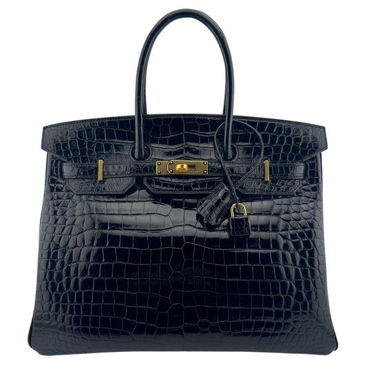 Hermes Birkin 35 Black Noir Shinny Porosus Crocodile Gold Hardware RARE