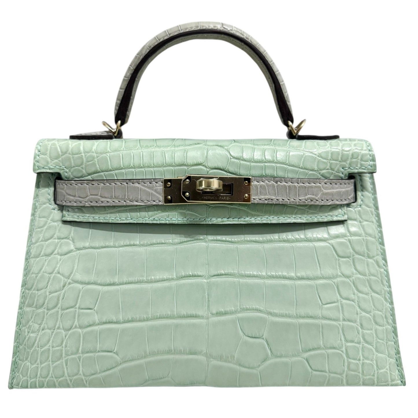 Hermes Kelly Mini 20 Special Order Matte Alligator Vert D'eau & Gris Perle Gray