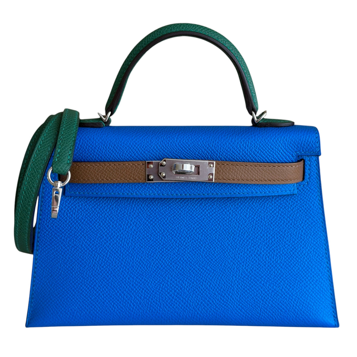 Hermes Mini Kelly Tri Color Blue Hydra, Vert Moyen, Alezan Epsom Palladium