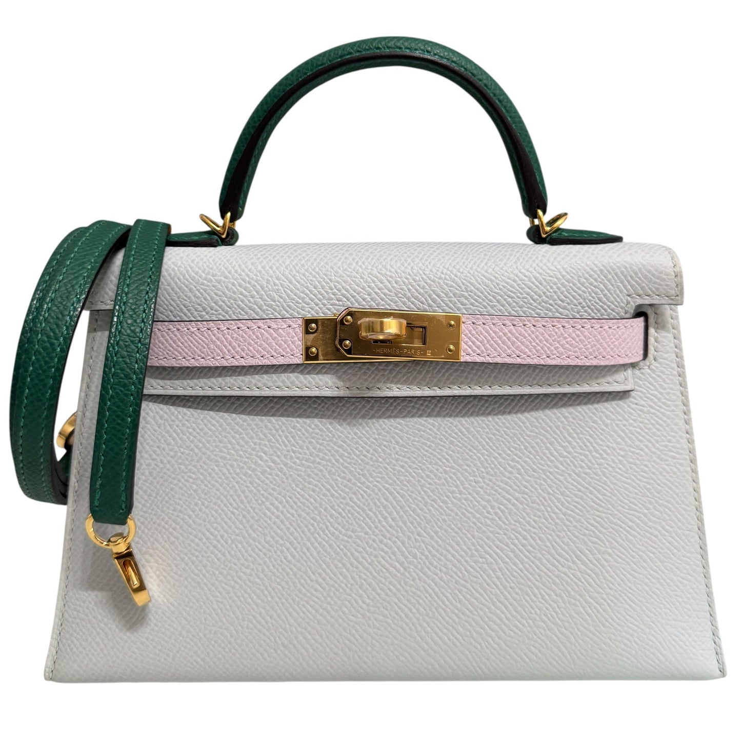 Hermes Mini Kelly Tri Color Gris Platine Mauve Pale and Vert Moyen Epsom Gold Hardware