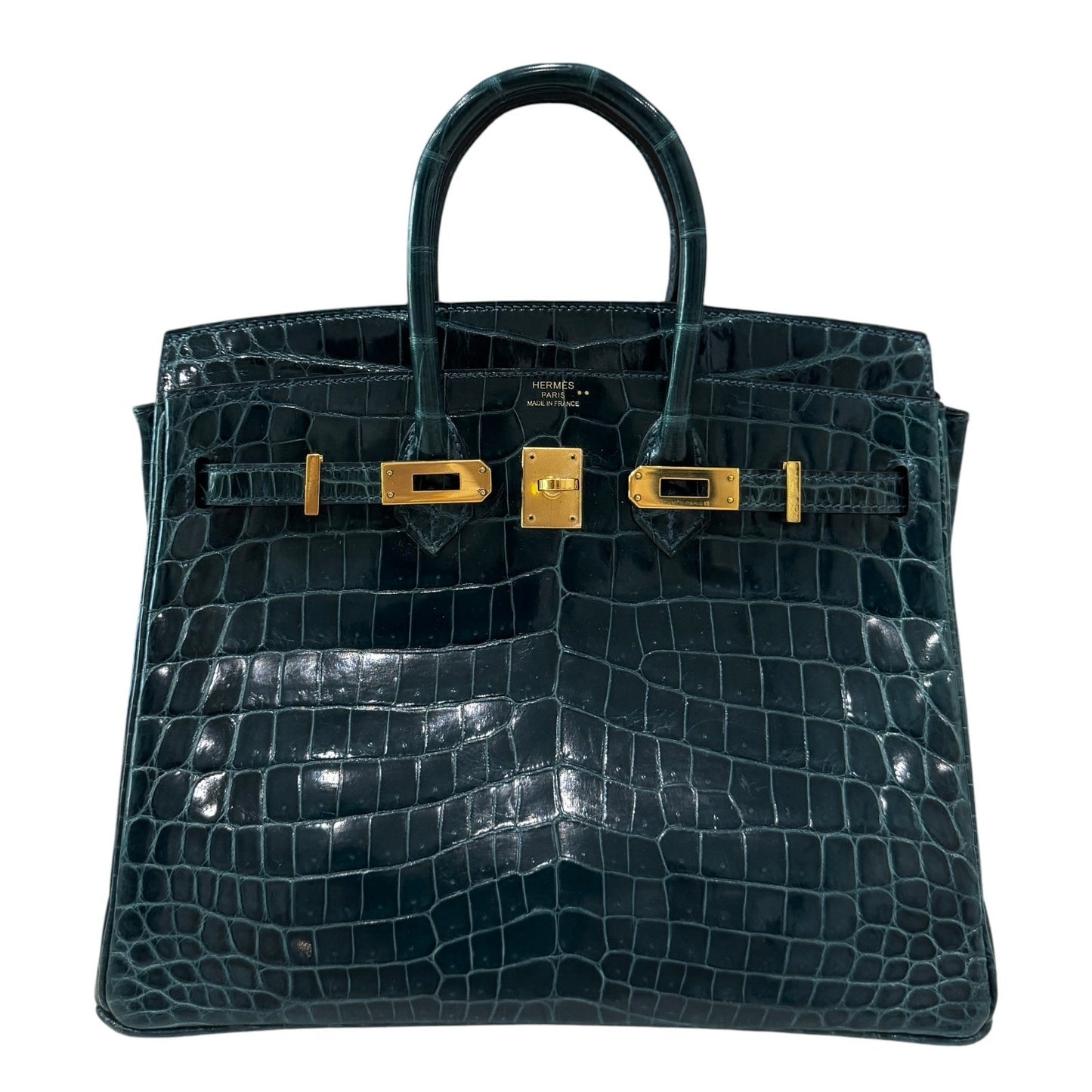Hermes Birkin 25 Blue Colvert Green Niloticus Crocodile Leather Gold Hardware