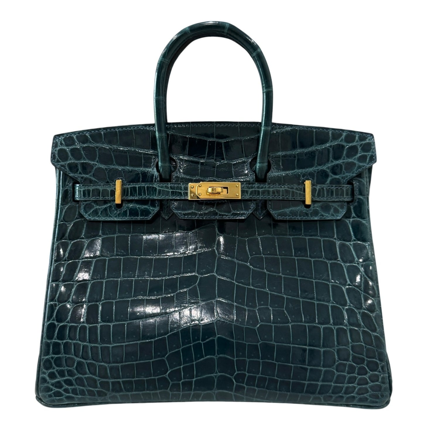 Hermes Birkin 25 Blue Colvert Green Niloticus Crocodile Leather Gold Hardware