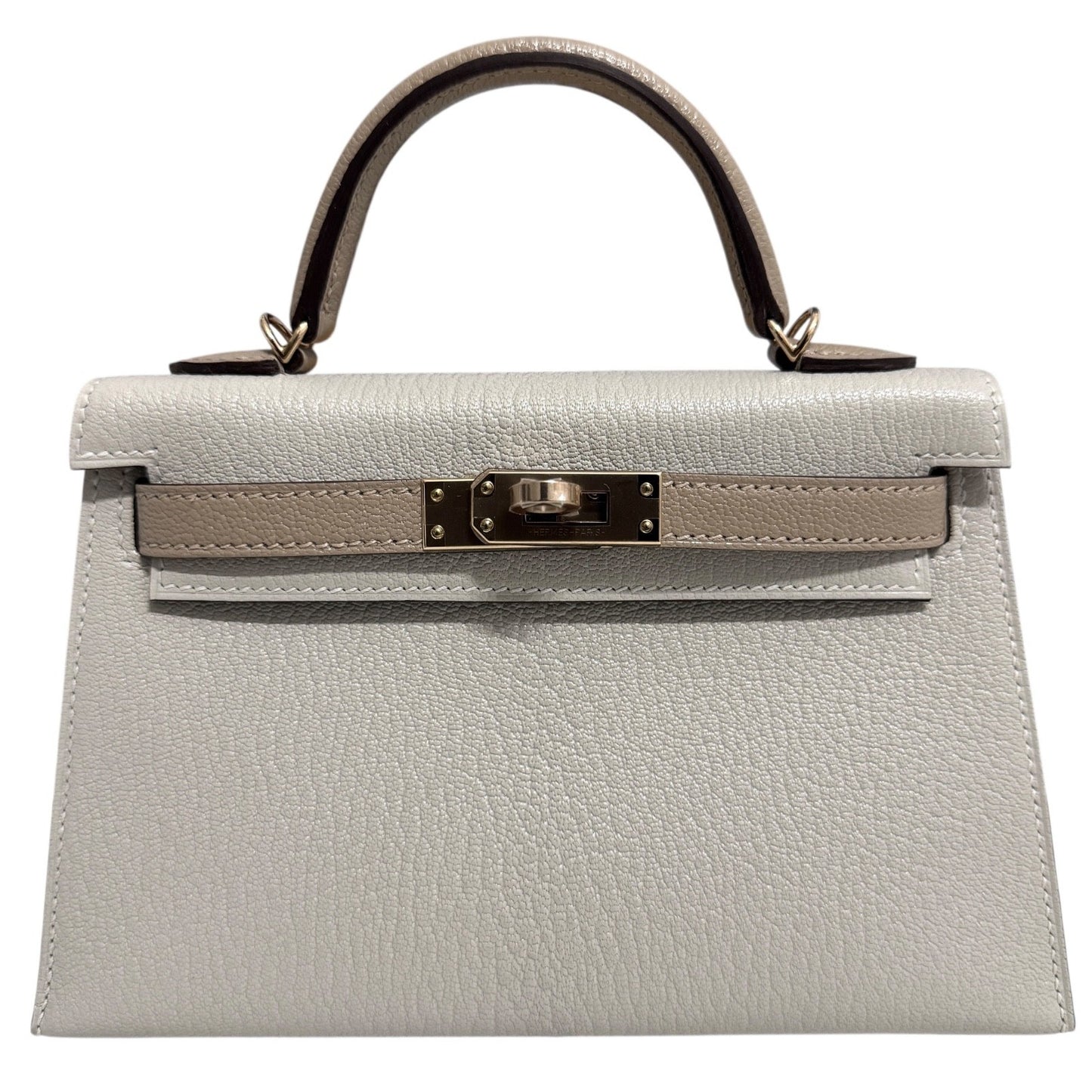 Hermes Kelly Mini 20 Special Order Gris Perle Tourterelle Chèvre Permabrass HWR