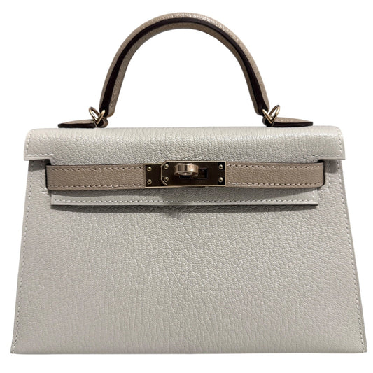 Hermes Kelly Mini 20 Special Order Gris Perle Tourterelle Chèvre Permabrass HWR